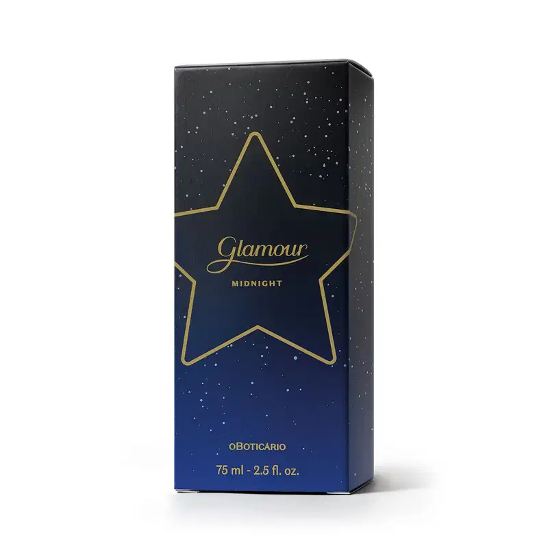 Caixa preta com estrela dourada e texto "Glamour Midnight". Embalagem retangular com fundo escuro e pontos brilhantes, contendo um vidro da fragrância.
