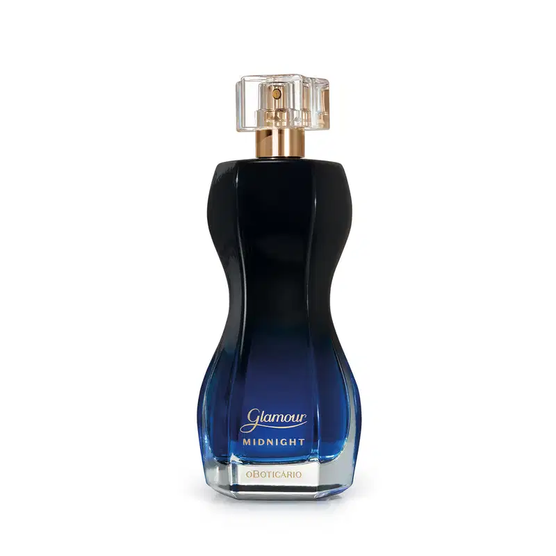Vidro curvilíneo com degradê de preto e azul, borrifador dourado e tampa transparente contendo 75ml de desodorante colônia Glamour Midnight. Embalagem elegante e sofisticada.