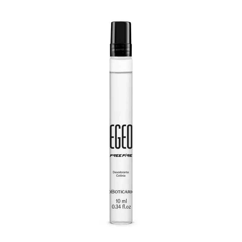 Frasco transparente cilíndrico com tampa e letras pretas contendo 10ml de desodorante colônia Egeo Free Fire.