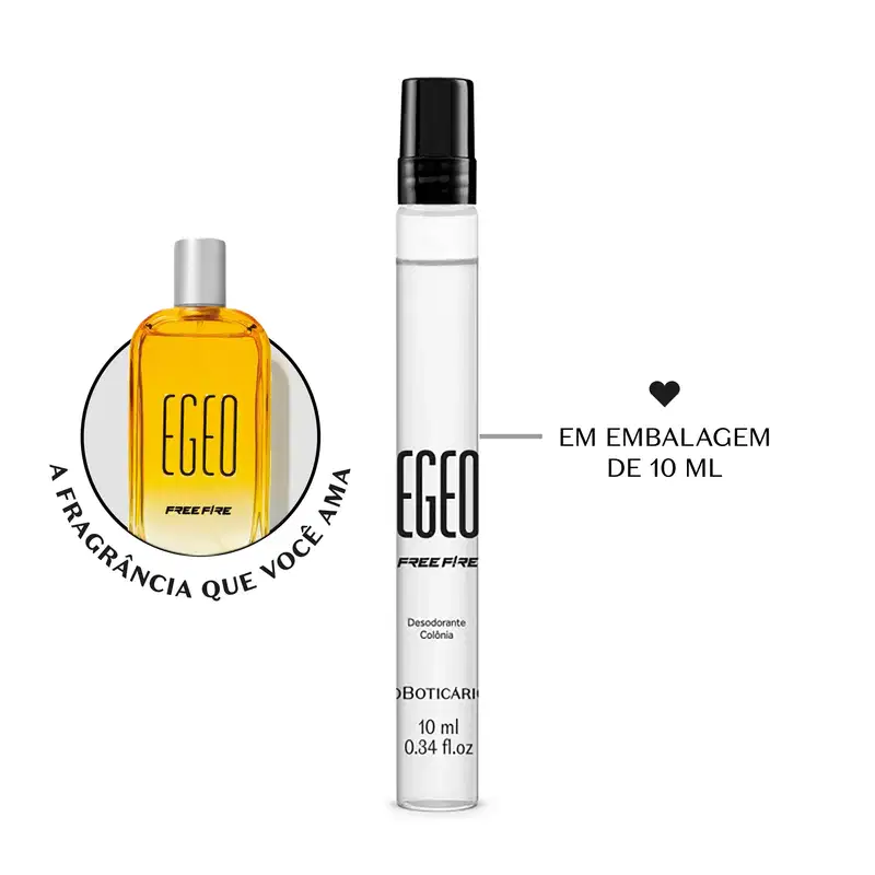Frasco transparente cilíndrico com tampa e letras pretas contendo 10ml de desodorante colônia Egeo Free Fire. Ao lado, o frasco original da fragrância em vidro laranja com tampa prateada e letras pretas.