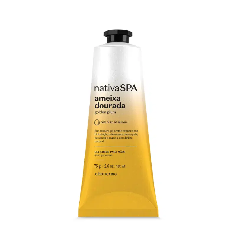 Bisnaga com degradê de prata e amarelo com tampa e letras pretas contendo 75g de gel creme para as mãos da marca Nativa SPA Ameixa Dourada.