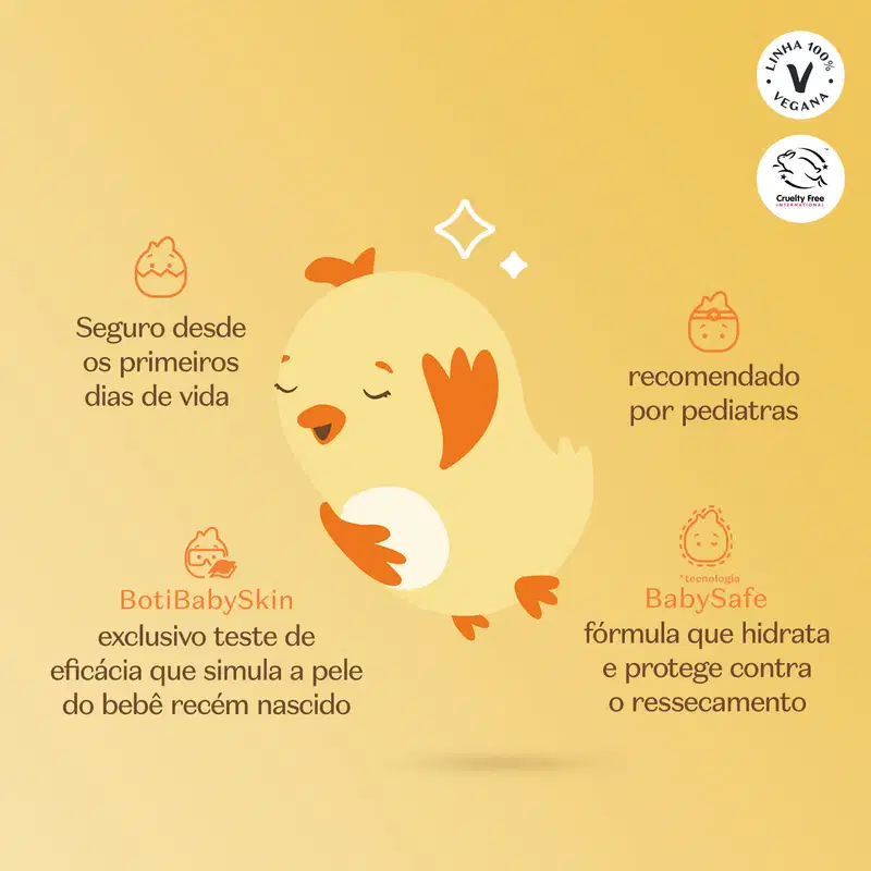 Fundo laranja com ilustração de um passarinho amarelo com letras marrons informando as características do produto.