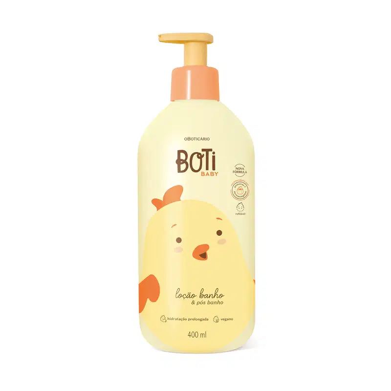Frasco amarelo claro com ilustração de um passarinho amarelo com detalhes, tampa e bomba dosadora laranjas contendo 400ml de loção hidratante banho e pós banho da marca Boti Baby.