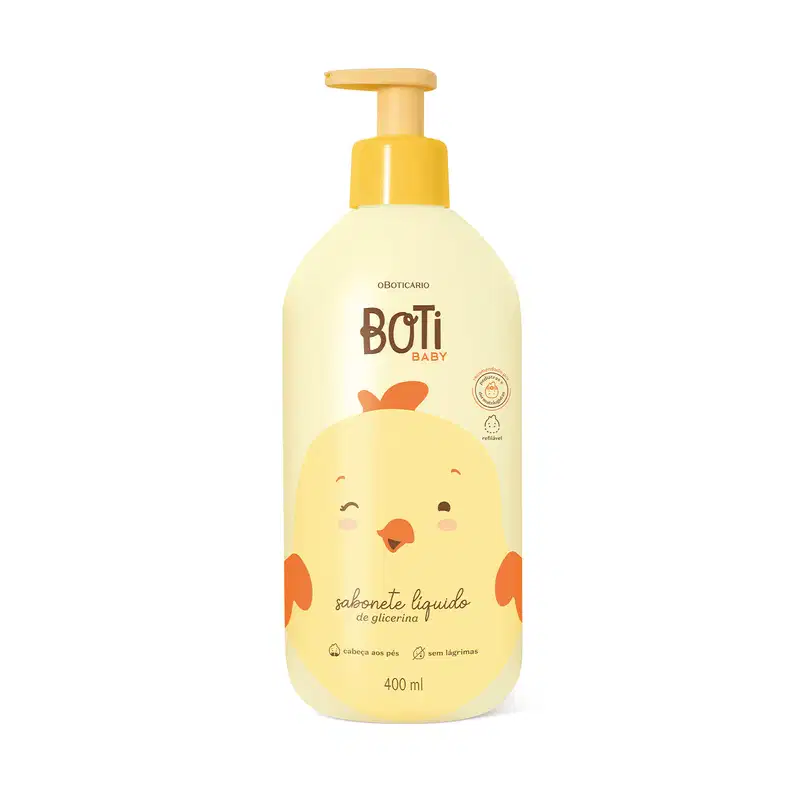 Frasco amarelo claro com ilustração de um passarinho amarelo com detalhes, tampa e bomba dosadora laranjas contendo 400ml de sabonete líquido de glicerina da marca Boti Baby.