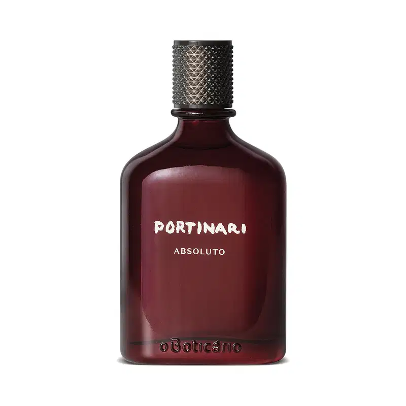 Vidro retangular marrom escuro  com tampa preta e letras brancas contendo 100ml de desodorante colônia Portinari Absoluto.