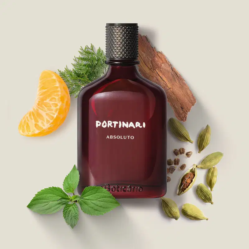 Vidro retangular marrom escuro  com tampa preta e letras brancas contendo desodorante colônia Portinari Absoluto ao lado de folhas de hortelã, vagens de cardamomo, gomo de bergamota e folhagens verdes em fundo cinza claro.