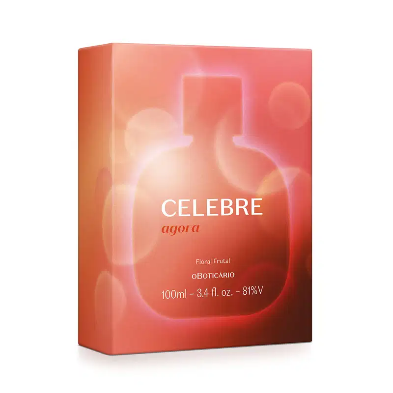 Caixa laranja mostrando a silhueta do item de perfumaria com um contorno iluminado e flashes brancos contendo um vidro de 100ml de desodorante colônia Celebre Agora Feminino.