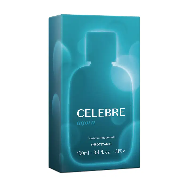 Caixa azul mostrando a silhueta do item em um contorno iluminado e flashes de luzes, contendo um vidro de 100ml de desodorante colônia Celebre Agora Masculino.