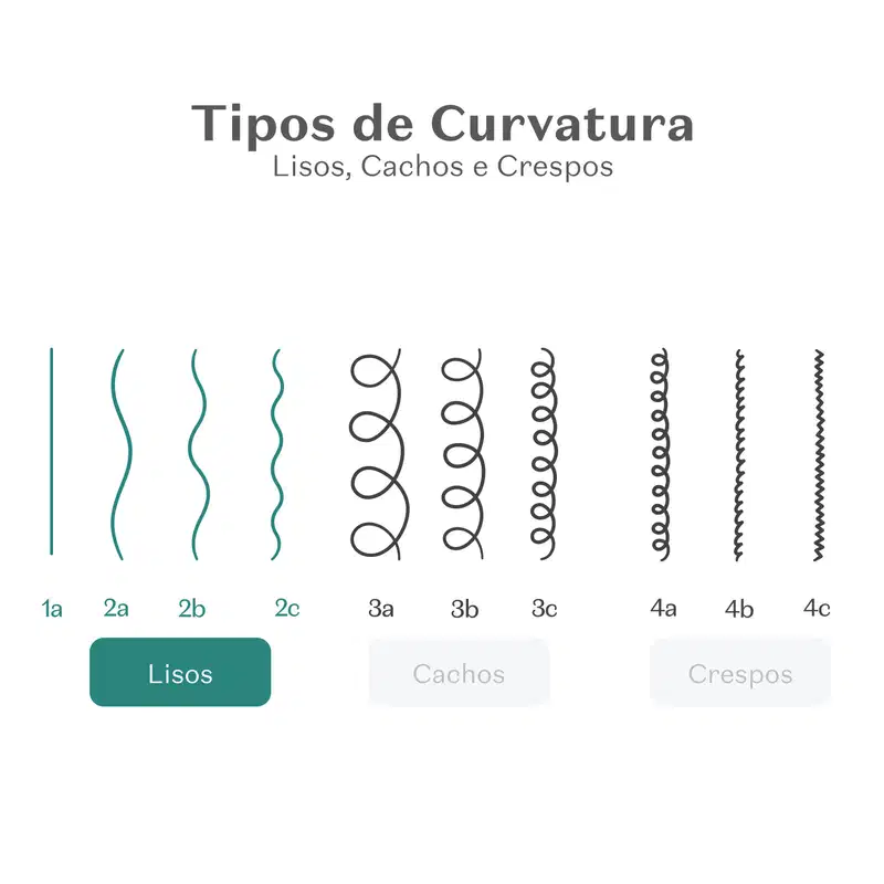 Imagem mostrando diferentes tipos de curvatura de cabelos, incluindo lisos, cachos e crespos, com legendas em português.