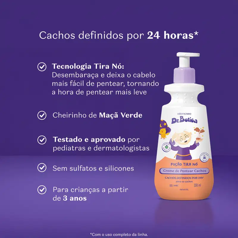 Imagem de uma embalagem branca e laranja com válvula dosadora roxa de creme de pentear infantil para cabelos cacheados da marca Dr. Botica em fundo azul escuro com letras brancas contando os benefícios do produto.