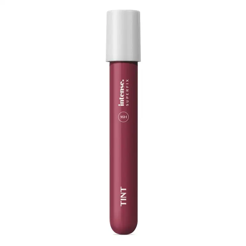 Batom líquido Superfix Tint na cor malva 535 da marca Intense em tubo transparente, mostrando a tonalidade do produto, tampa branca e letras brancas.