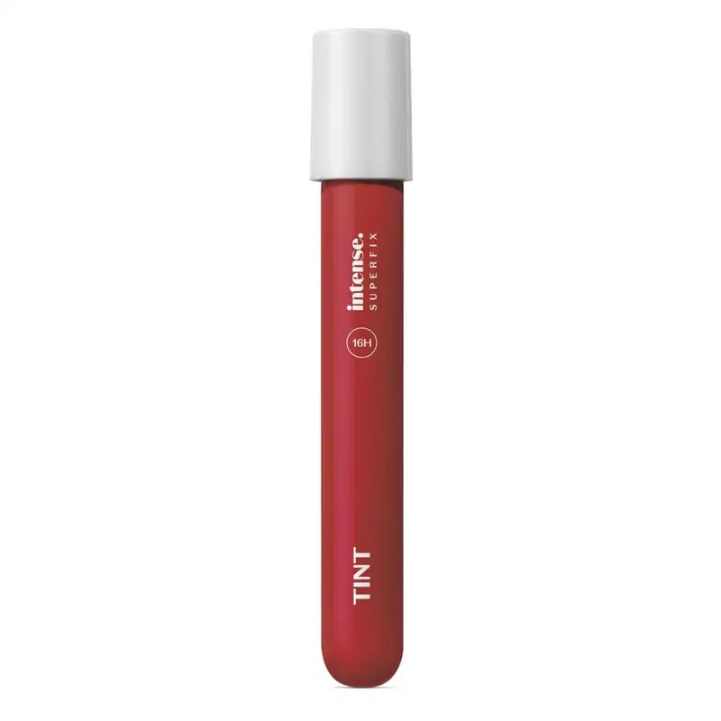 Batom líquido Tint Superfix na cor vermelha 345 da marca Intense em tubo cilíndrico na cor do produto e tapa branca.