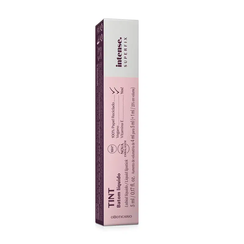 Caixa bege e marrom com letras nessas mesmas cores que traz um batom líquido Superfix Tint na cor Vinho 425 da marca Intense.
