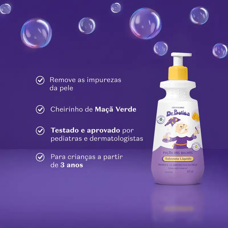 Frasco branco e roxo com tampa dosadora amarela de sabonete líquido infantil em fundo azul escuro e letras brancas informando os benefícios do produto.
