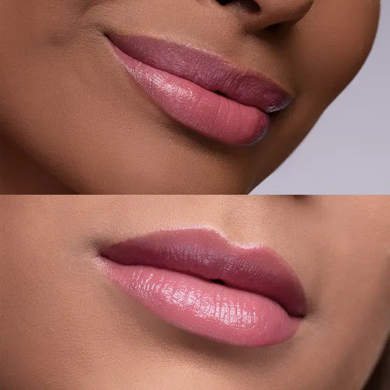 Imagem dividida em duas horizontalmente, mostrando duas bocas femininas, uma de pele negra e outra de pele branca, que usam o gloss labial na cor Marrom Nude 115 da marca Intense.