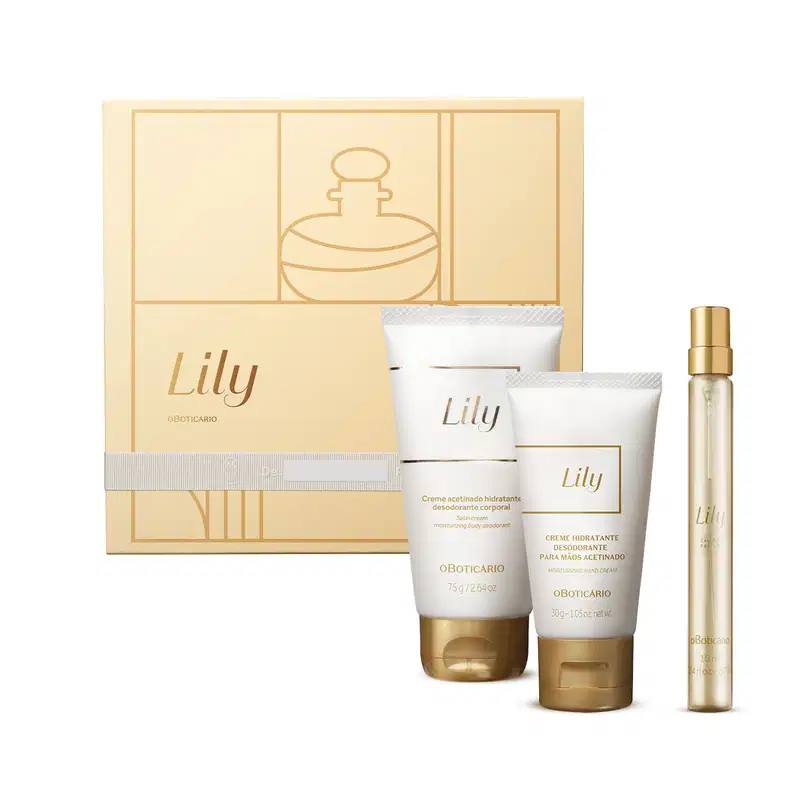 Quatro itens da marca Lily em tons de branco, bege e dourado, sendo uma caixa de presente com ilustrações e fitas, frasco de creme hidratante corporal, bisnaga de creme hidratante para as mãos e tubo de 10ml de Eau de Parfum.