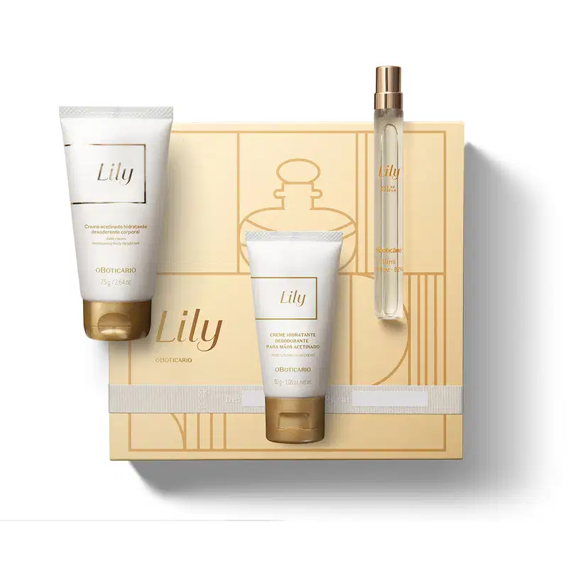 Quatro itens da marca Lily em tons de branco, bege e dourado, sendo uma caixa de presente com ilustrações e fitas, frasco de creme hidratante corporal, bisnaga de creme hidratante para as mãos e tubo de 10ml de Eau de Parfum.
