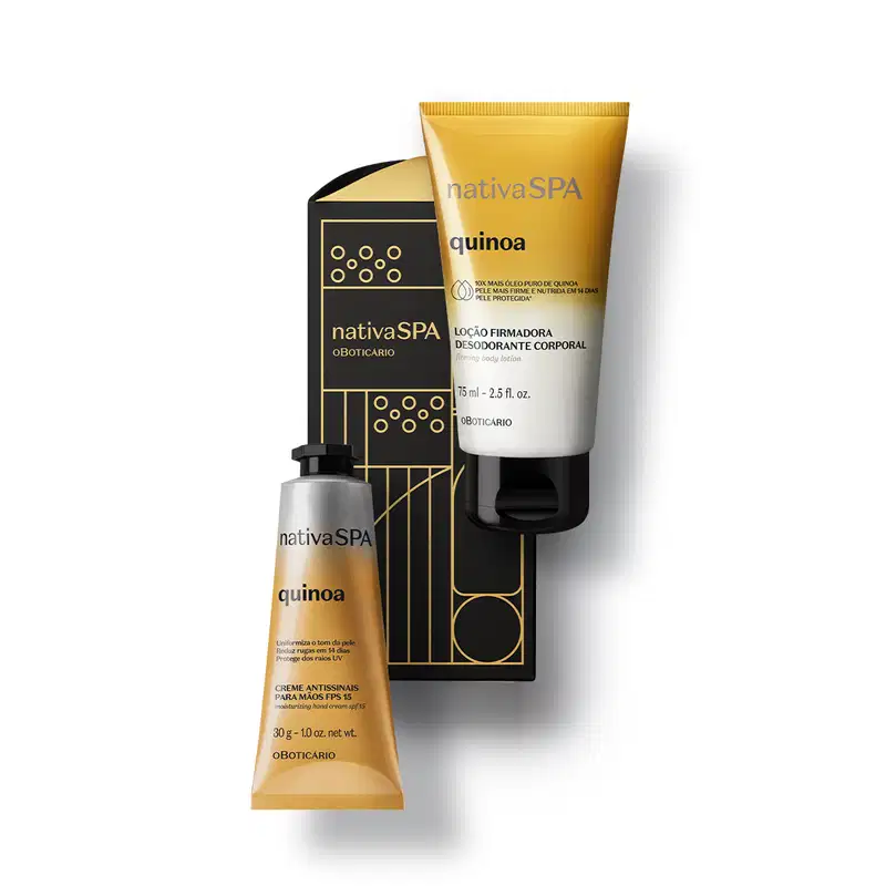 Caixa de presente retangular nas cores preta e amarelo com logo Nativa SPA e dois produtos de cuidados com a pele da marca Nativa SPA Quinoa, sendo uma bisnaga de loção desodorante corporal e uma bisnaga de creme para as mãos, ambas com com a tampa preta.
