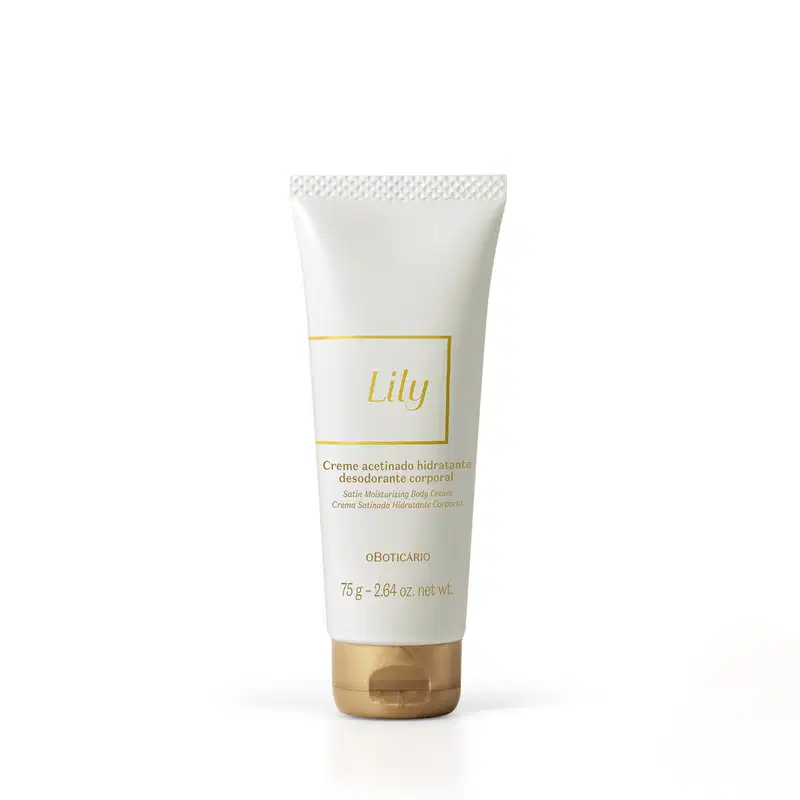 Bisnaga branca com letras e tampa douradas contendo 75g de creme acetinado hidratante corporal da marca Lily.