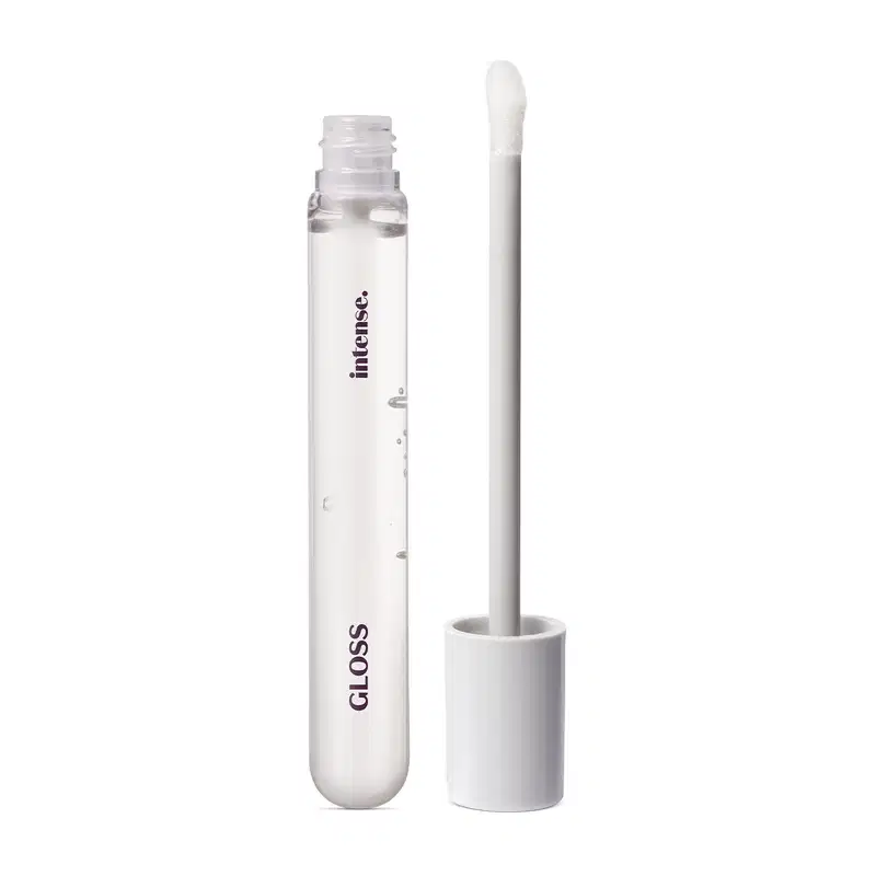 Gloss labial incolor da marca Intense em frasco transparente, mostrando o produto, tampa e haste cinza e esponja aplicadora branca.