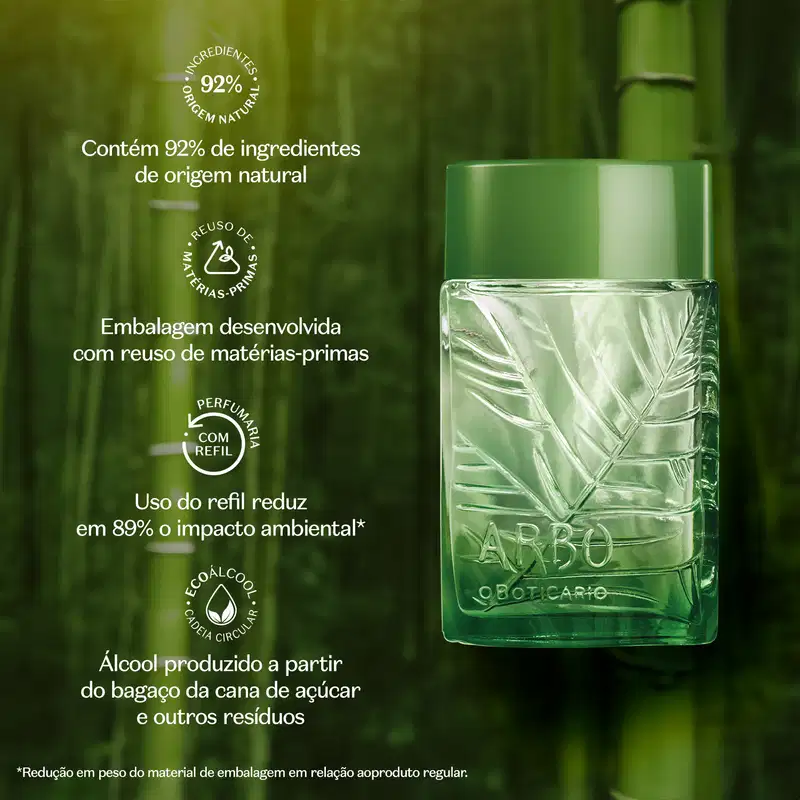frasco verde transparente com líquido claro, folhagens em relevo e tampa verde escuro contendo desodorante colônia Arbo Puro com folhas verdes desfocadas ao fundo, em ambiente natural com tons predominantes de verde.