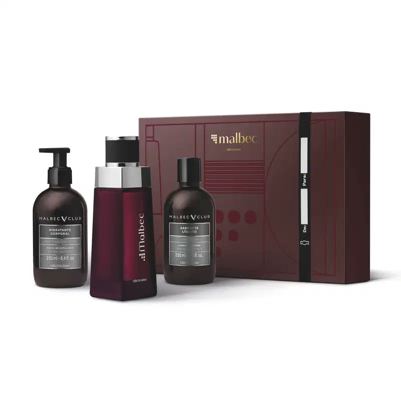 Quatro itens da marca Malbec em tons de vinho, cinza, dourado e preto, incluindo uma elegante caixa de presente com logo da marca, vidro de desodorante colônia e dois frascos, um de sabonete líquido e o outro de loção hidratante corporal.