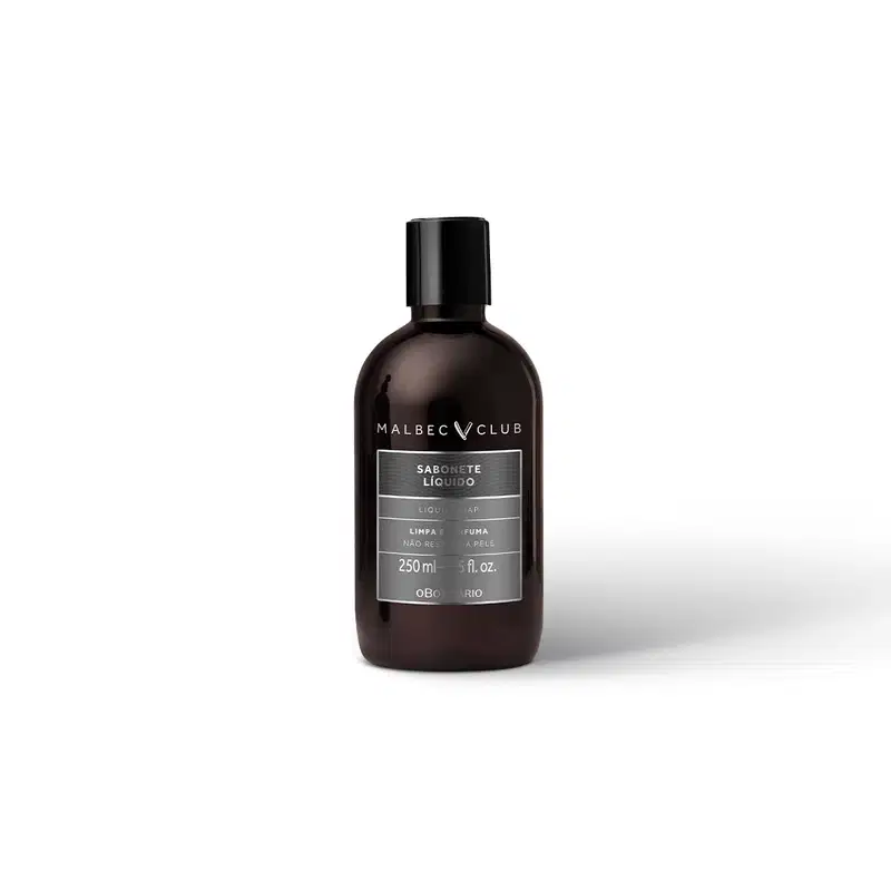 Frasco preto com rótulo em tons de cinza e dourado contendo 250ml de sabonete líquido corporal da marca Malbec.