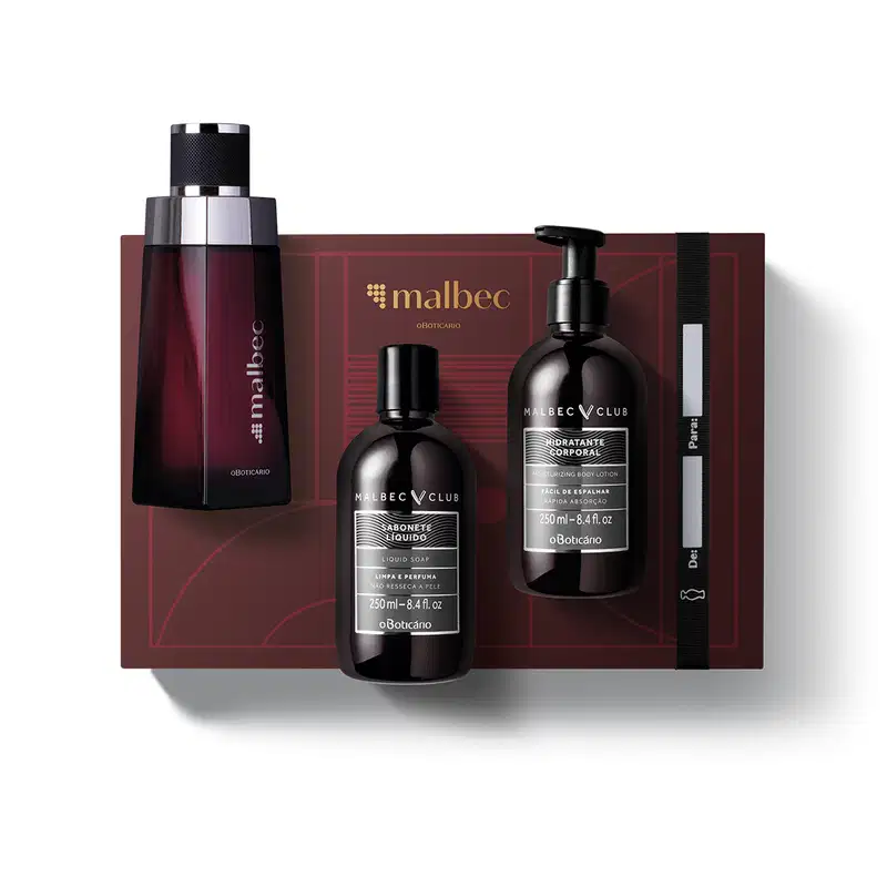 Quatro itens da marca Malbec em tons de vinho, cinza, dourado e preto, incluindo uma elegante caixa de presente com logo da marca, vidro de desodorante colônia e dois frascos, um de sabonete líquido e o outro de loção hidratante corporal.