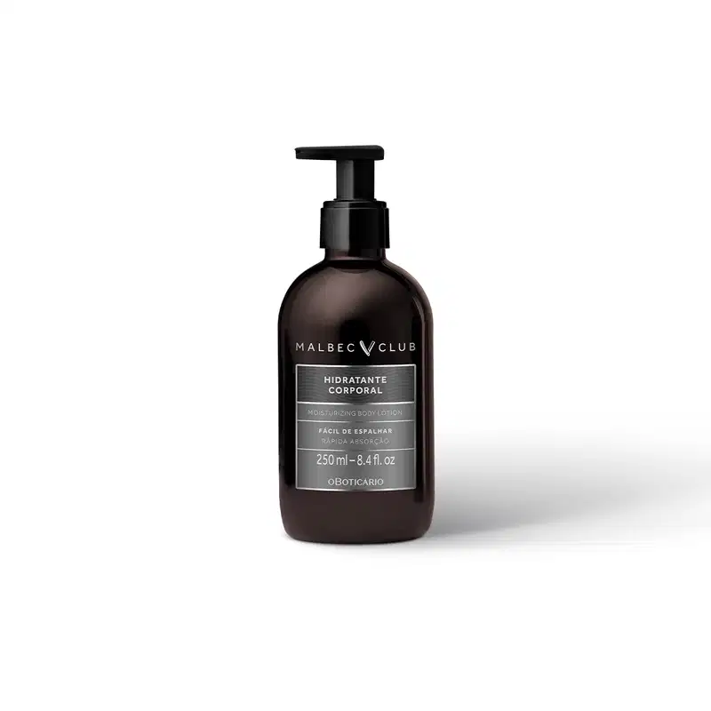 Frasco preto com bomba dosadora e rótulo em tons de cinza e dourado contendo 250ml de loção hidratante corporal da marca Malbec.