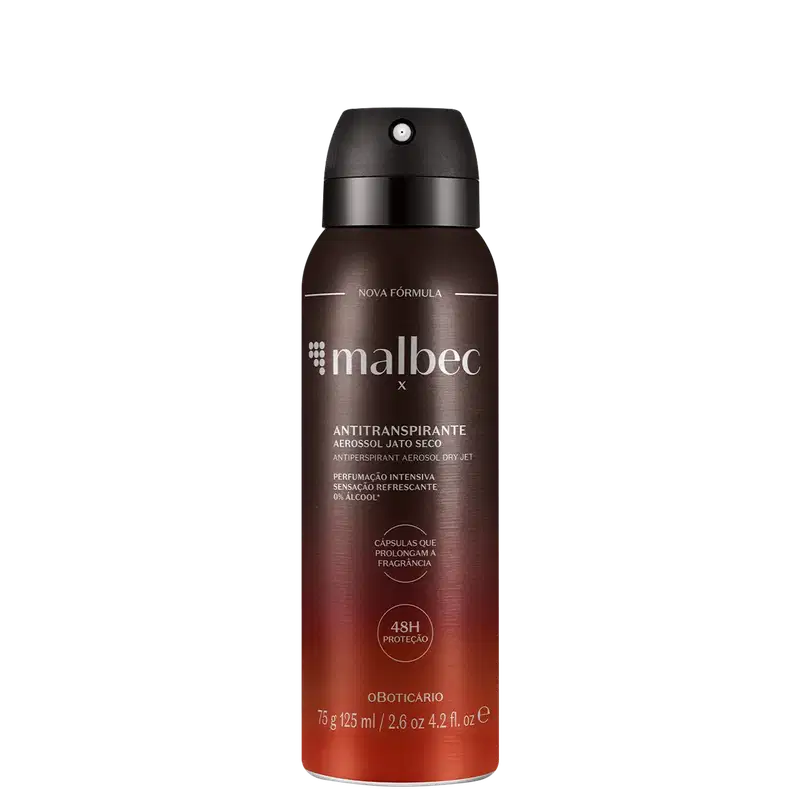 Frasco com degradê de marrom e laranja e letras cinzas contendo 75g/125ml de desodorante antitranspirante aerossol da marca Malbec.