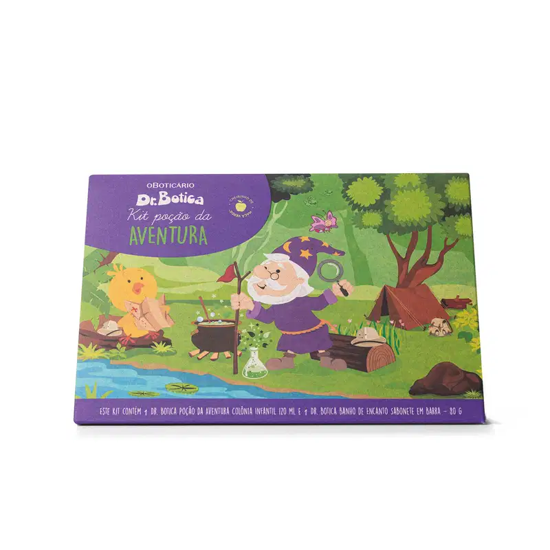 Embalagem de papelão com ilustração de personagens da marca Dr. Botica e informações sobre os produtos contidos nesse kit.