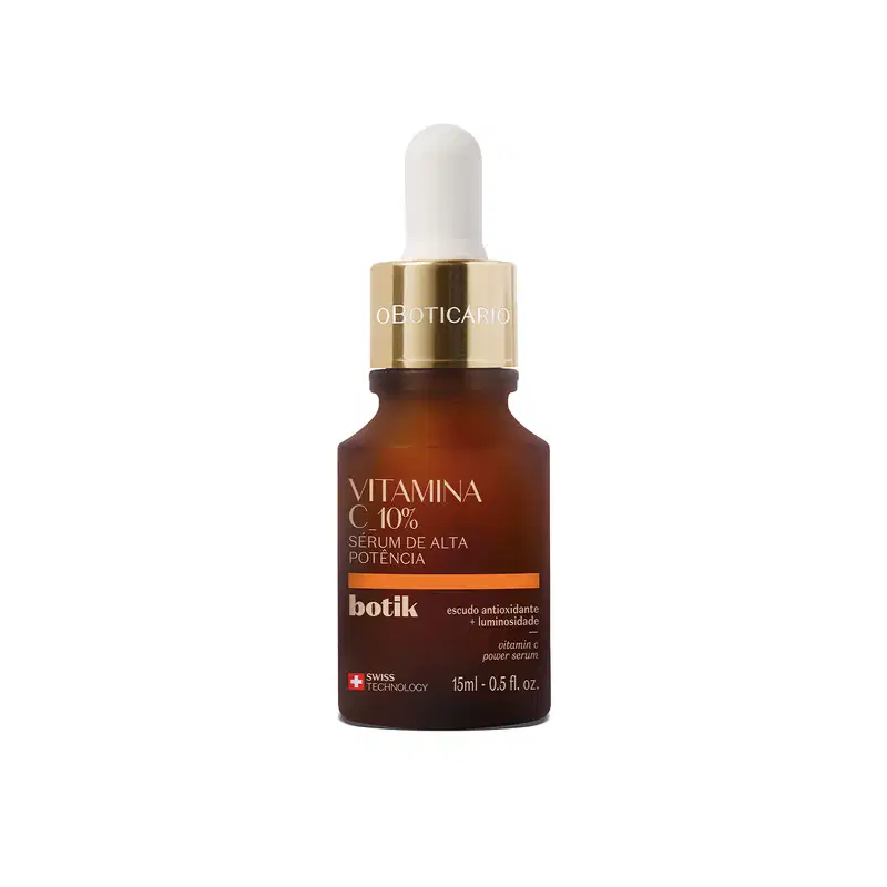 Vidro marrom com detalhe dourado, conta-gotas branco, letras amarelas e detalhe em laranja contendo 15ml de sérum de alta potência 10% da marca Botik Vitamina C.