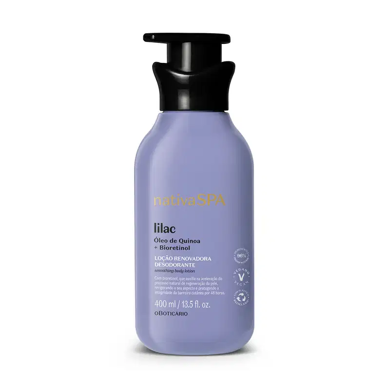 Frasco lilás com bomba dosadora preta e letras douradas, brancas e pretas contendo 400ml de loção renovadora hidratante corporal da marca Nativa SPA Lilac.