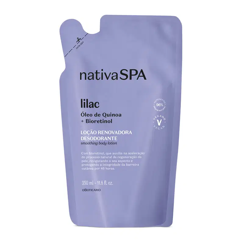 Refil de loção renovadora hidratante corporal Nativa SPA Lilac em sachê de 350ml na cor lilás com letras pretas e brancas.