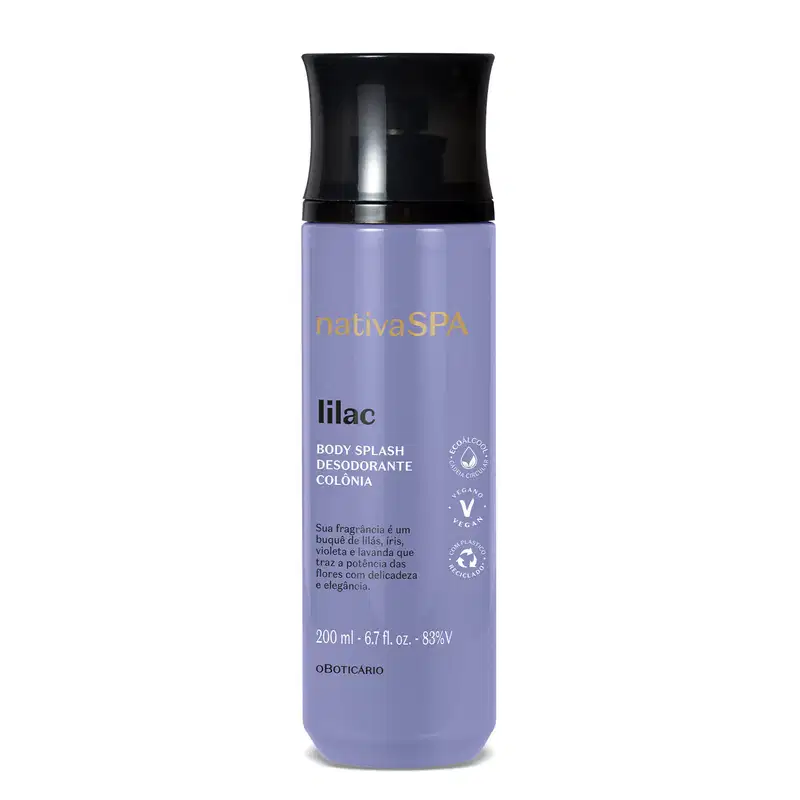 Frasco cilíndrico na cor lilás com tampa preta e letras brancas e pretas  contendo 200ml de body splash Nativa SPA Lilac.