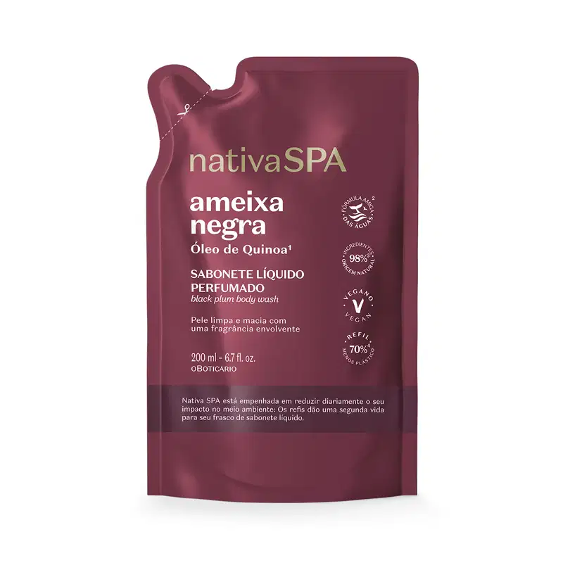 Refil de sabonete líquido perfumado Nativa Spa Ameixa Negra em sachê de 200ml na cor vermelho escuro com detalhe marrom e letras brancas.