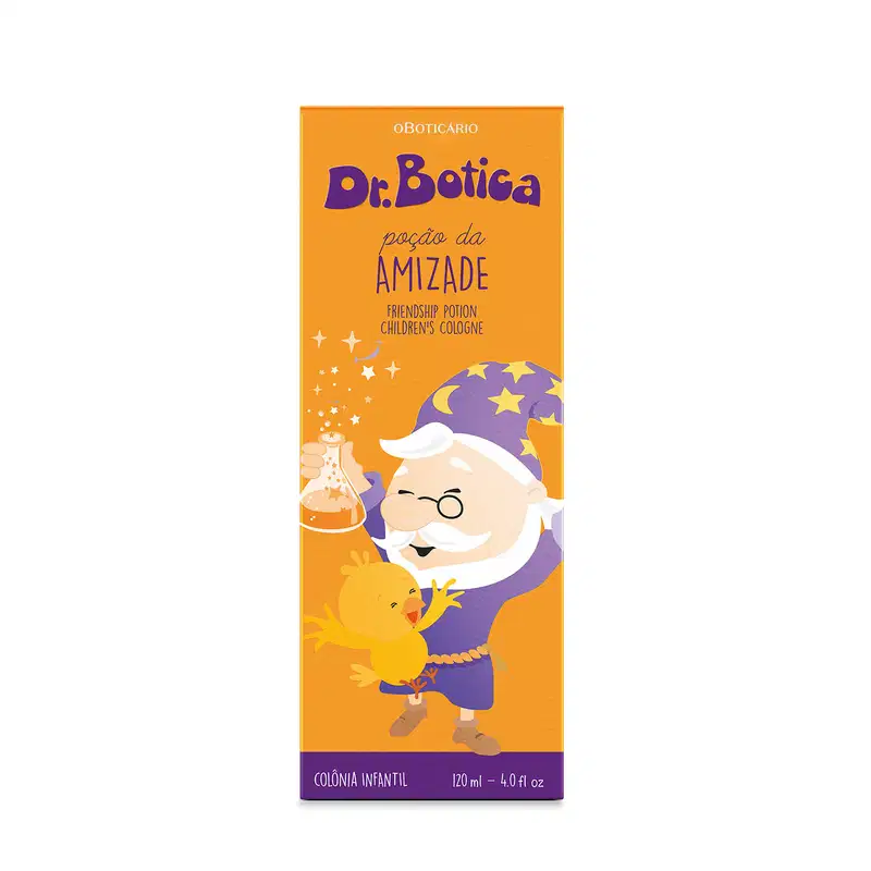 Caixa laranja e azul com ilustração do personagem da marca Dr. Botica contendo um vidro de colônia infantil Poção da Amizade da marca Dr. Botica.