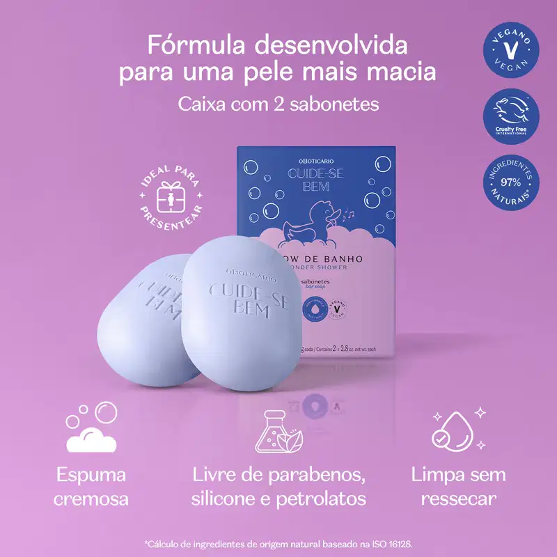 Caixa de sabonetes para banho da marca Cuide-se Bem. O rótulo destaca que é uma "Fórmula desenvolvida para uma pele mais macia" com ingredientes 97% naturais e livres de parabenos, silicone e petrolatos. Apresenta os logotipos vegano e cruelty free.
