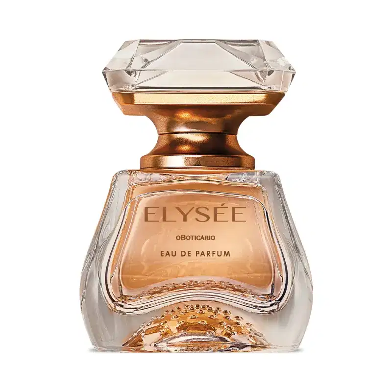 Frasco de Eau De Parfum da marca Elysée em formato geométrico com líquido na cor âmbar e tampa em forma de cristal lapidado, em tons de dourado e com rótulo em relevo com o nome da marca.