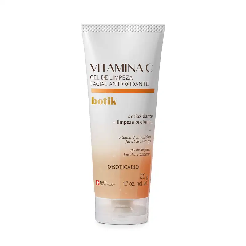Bisnaga azul e laranja com letras marrons e detalhe na cor laranja contendo 50g de gel de limpeza facial antioxidante da marca Botik Vitamina C.