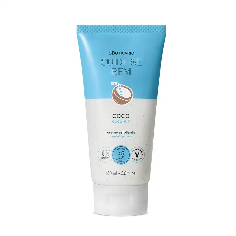 Bisnaga azul e branca com coco ilustrado contendo 150ml de creme esfoliante corporal Cuide-se Bem Feira Coco.