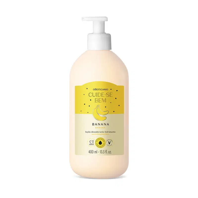 Imagem de um frasco branco com bomba doseadora contendo loção desodorante hidratante da marca Cuide-se Bem Banana, com rótulo amarelo com ilustração de banana.