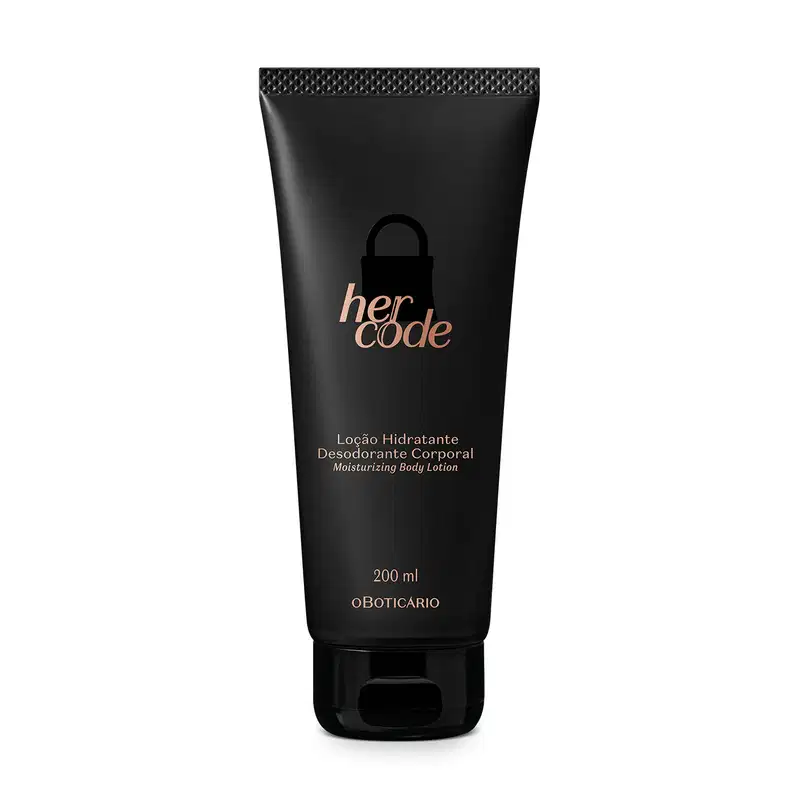 Frasco preto com letras douradas contendo 200ml de loção hidratante corporal da marca Her Code.