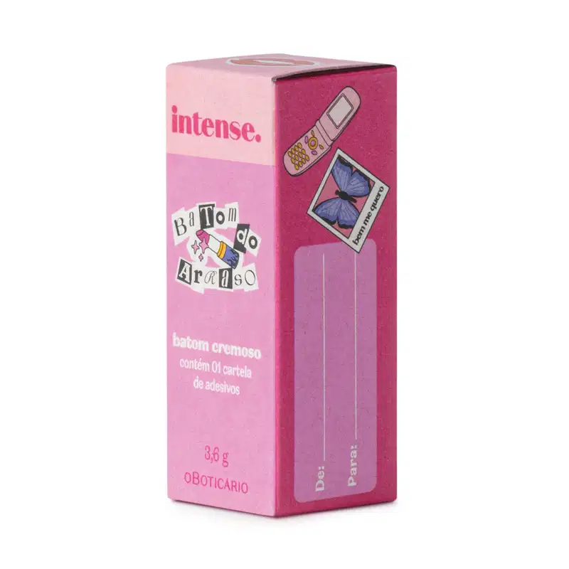 Caixa do Batom do Arraso da marca Intense em tons de rosa com letras brancas e coloridas.