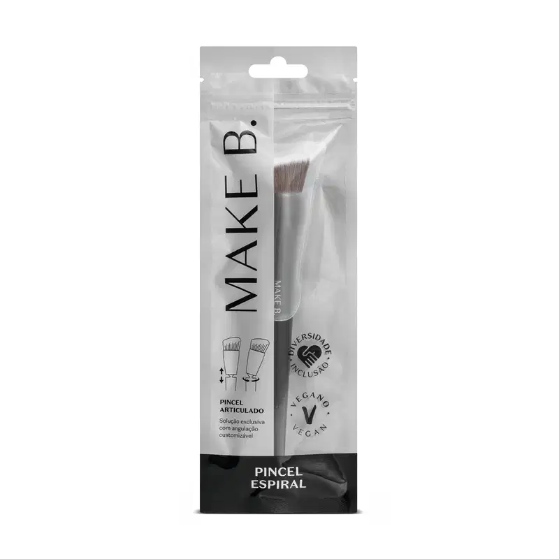O produto é um pincel de maquiagem articulado da marca Make B. Vem embalado em uma embalagem plástica cinza e preta.