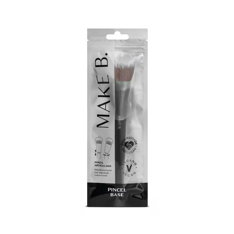O produto é um pincel de maquiagem articulado da marca Make B. Vem embalado em uma embalagem plástica cinza e preta.