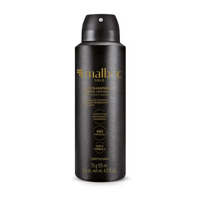 Imagem de um frasco preto de desodorante antitranspirante aerossol da marca Malbec Gold, com rótulo em dourado, contendo i75g/125ml de produto.