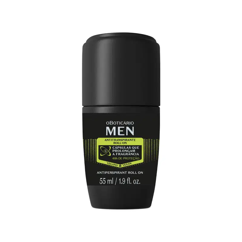 Frasco preto com detalhes amarelos contendo 55ml de desodorante roll-on da marca Men, com texto em verde indicando ser antitranspirante e prolongar a fragrância por 48 horas.