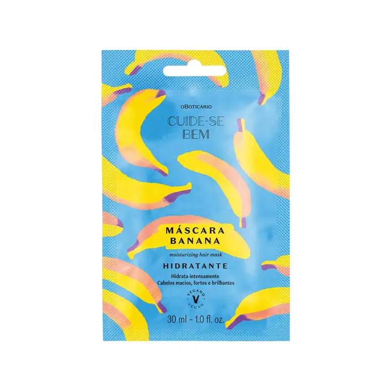 Sachê de 30ml na cor azul com detalhe amarelo, letras pretas e bananas ilustradas, contendo máscara capilar Cuide-se Bem Feira Banana.