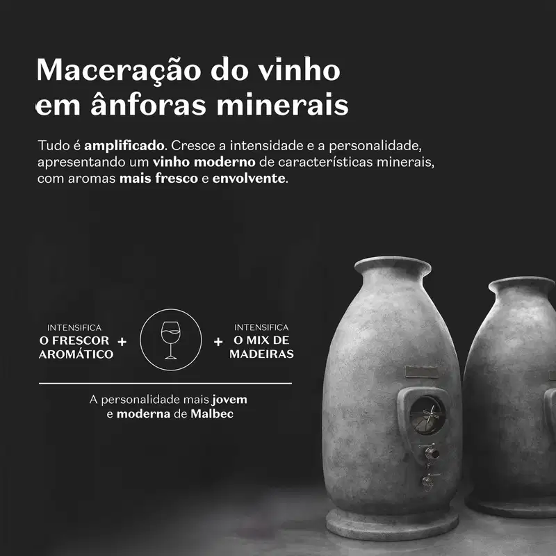 A imagem mostra duas ânforas de cerâmica cinza com símbolos gravados. O texto explica que um processo que intensifica o frescor aromático e o mix de madeiras, resultando em um vinho moderno e jovem.